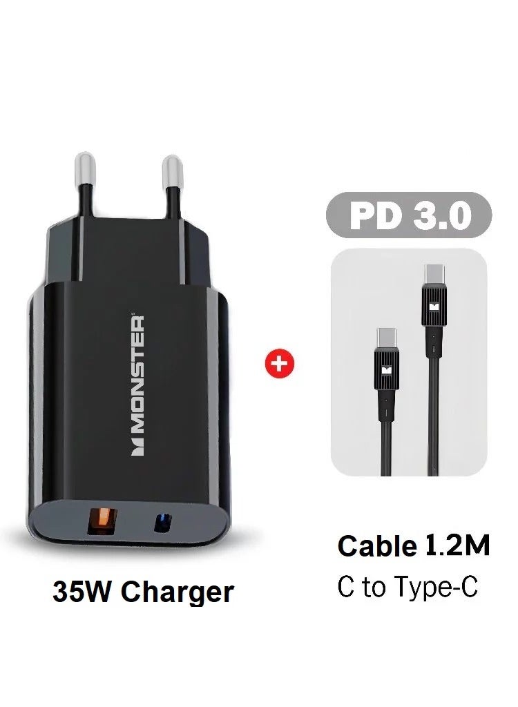 مونستر شاحن سفر سريع ثنائي المنافذ U3501 بقوة 35 واط، يدعم بروتوكولات الشحن السريع PD3.0 وQC3.0، ويتضمن كابل USB-C إلى Type-C - شاحن جداري مع كابل بطول 1.2 متر / 25 واط لأجهزة iPhone 17/16/15، وiPad Pro، وMacBook، وSamsung Galaxy، وPixel | أسود - Image 1